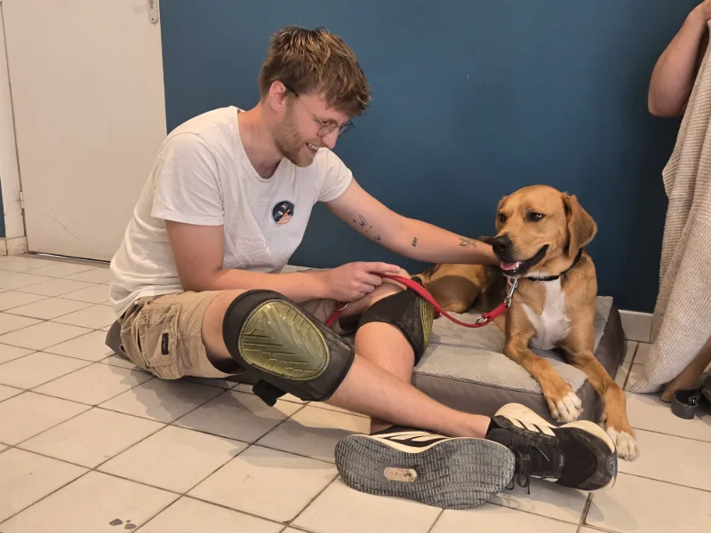 Jules pose une main sur le dos d’un chien fauve assis sur le tapis de soin